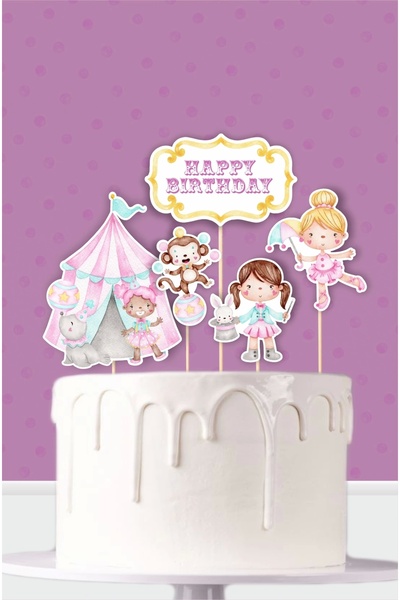 neşeli günlerim Pembe Sirk Temalı Doğum Günü Kürdanlı Pasta Süsü