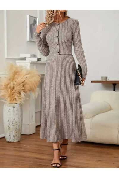 Modayakamoz Women's High Waist Long Skirt Button Detailed Blouse Raised Camisole Double Suit