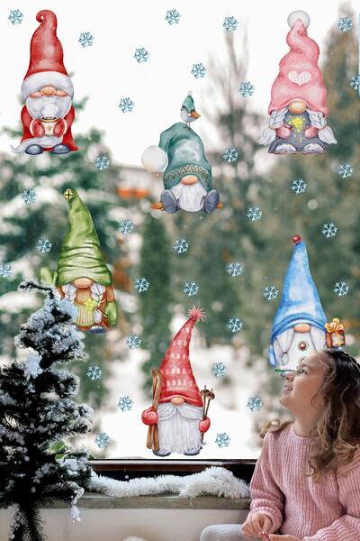 MSticker Renkli Şapkalı Yılbaşı Cüceleri ve Kar Taneleri Cam Duvar Sticker Se...