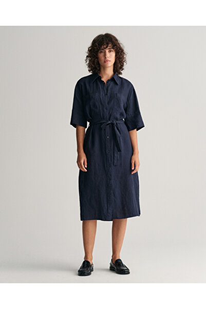 Gant Kadın Lacivert Relaxed Fit Polo Yaka Keten Elbise