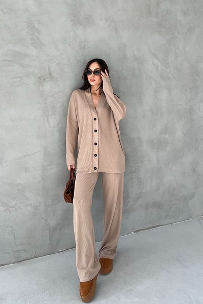 Seda Yalçın Atelier Mink Ribbed Buttoned Cardigan Trousers Set