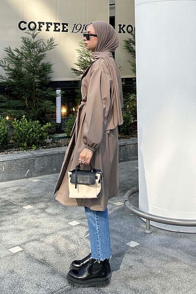 lamelif Milk Coffee Trench Coat - Elastic Sleeve Detail