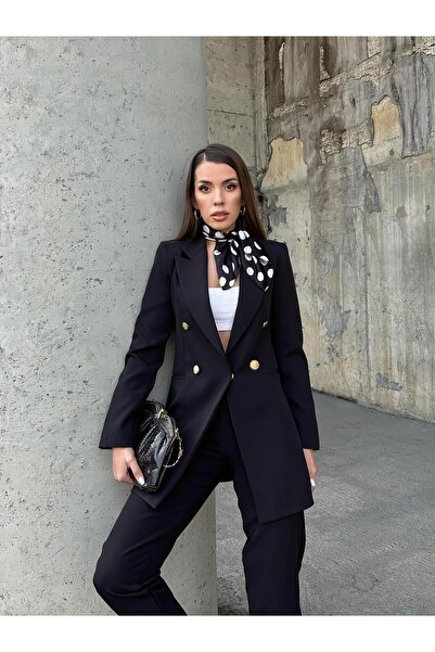 SEDA FİDAN سترة طويلة بأزرار ذهبية باللون الأسود