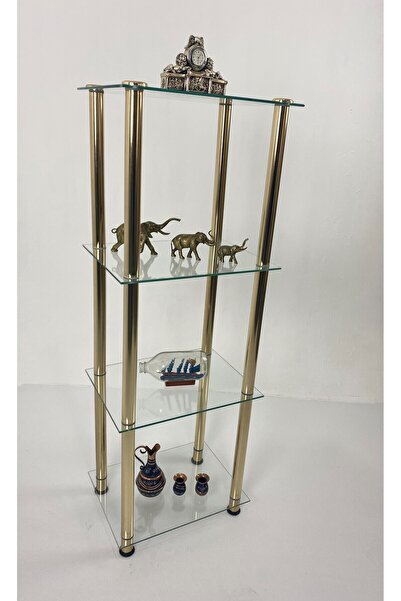 Nurline 4 Katlı Gold Metal Ayaklı Cam Raf ,Camlı Raf Standı Banyo, Yatak Odası, Ev Ofisi İçin, Temperli Cam,