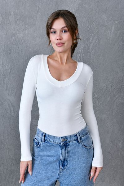 bayansepeti White Knitted Stretchy Fabric V Neck Long Sleeve Basic Blouse 12972