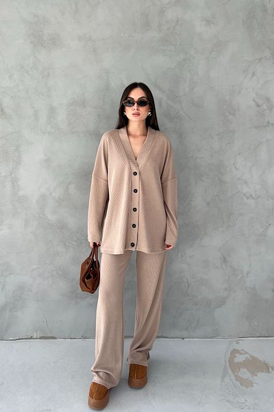 Seda Yalçın Atelier Mink Ribbed Buttoned Cardigan Trousers Set