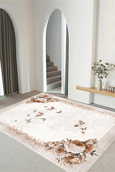 Viyana Home Dijital Kaymaz Klasik Kelebek Desen Modern Yıkanabilir Yolluk Mut...