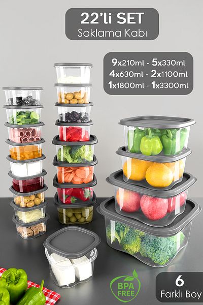 Meleni Home Set of 22 Anthracite Food Storage Containers - Suitable for Microwave Deep Freezer