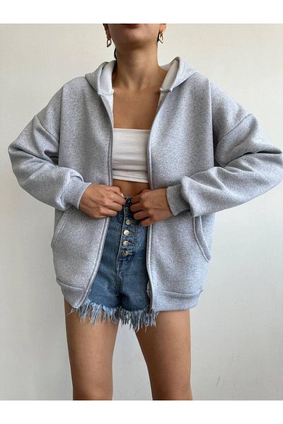LADY HAZAL 3 Yarn Grey Oversize Sweat - Cardigan with Zipper and Kangaroo Pockets