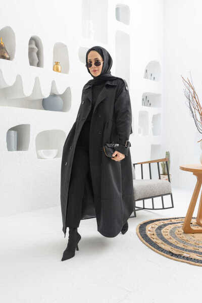 Neways 6632-Reglan Kollu Süs Pileli Lens Ceket Siyah