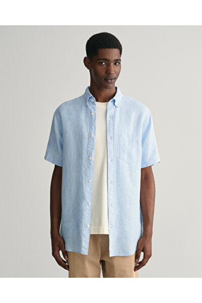Gant Erkek Mavi Regular Fit Düğmeli Yaka Keten Gömlek