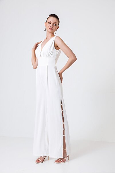 Green & Country V Yaka Inci Detaylı Uzun Abiye Tulum Ekru