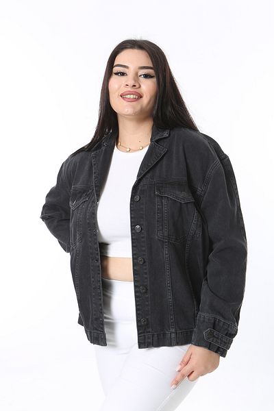 Şans Women's Large Size Anthracite Cup Detailed Front Buttoned Denim Coat 65N38384
