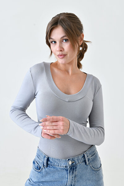 bayansepeti Λύκρα ελαστικό ύφασμα μακρυμάνικο V-λαιμόκοψη μακριά γκρι μπλούζα 12972