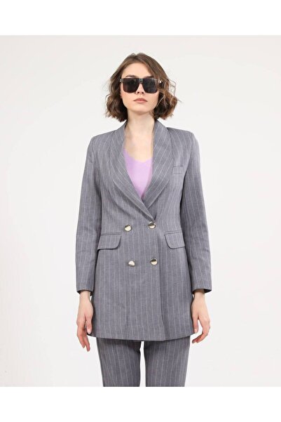 OUZ Fashion Kadın Şal Yaka Düğmeli Kruvaze Kapamalı Çizgili Ceket