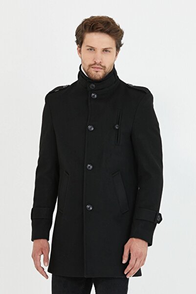 Mero Life Ανδρικό μαύρο παλτό με λεπτή εφαρμογή και μακρύ κασετίνι