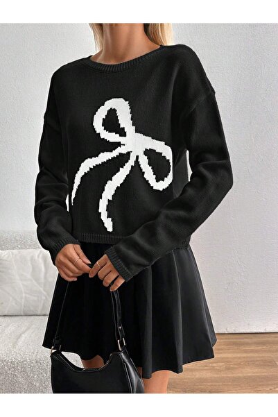 Puella Black and White Bisklet Collar Sweater with Bow Detail