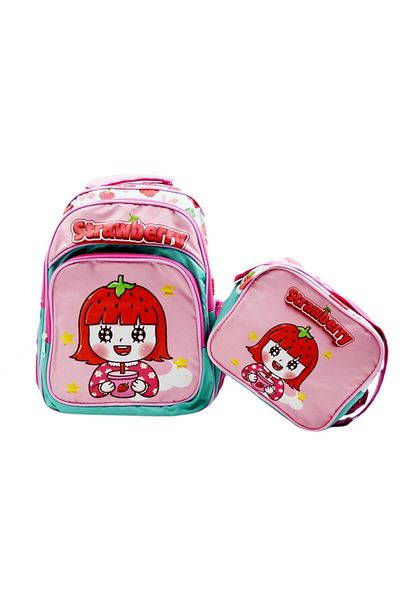 Sentor 3 Compartment Primary School School Backpack and Lunch Box Strawberry Turquoise-Pink
