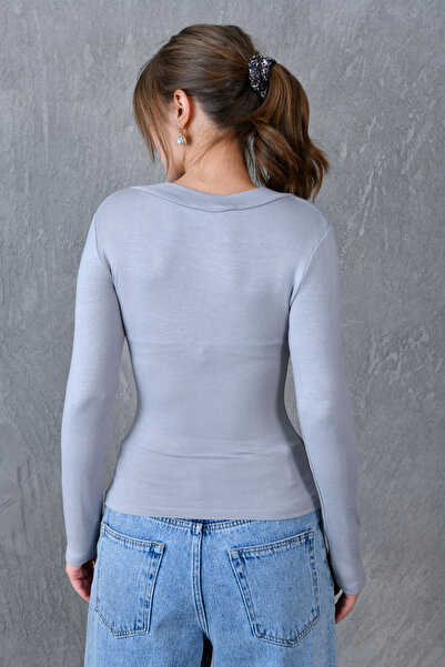 bayansepeti Γκρι πλεκτό ελαστικό ύφασμα V-λαιμόκοψη μακρυμάνικη βασική μπλούζα 12972