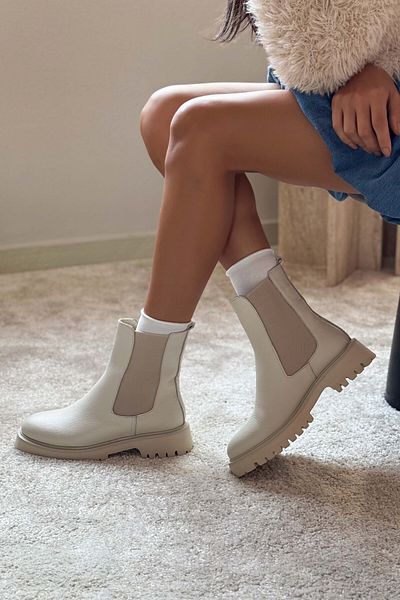 NİŞANTAŞI SHOES Lennon Ecru valódi bőr gumi részlet, vastag talpú női csizma