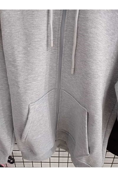 LADY HAZAL 3 Yarn Grey Oversize Sweat - Cardigan with Zipper and Kangaroo Pockets