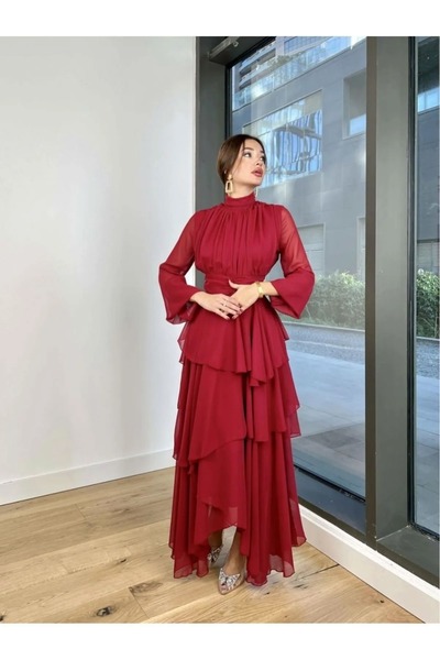 Afiş Butik Piros sifon réteges szoknya tüll ujjú redős ruha