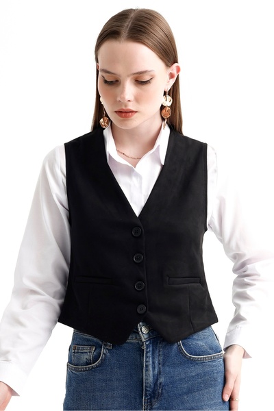 MD trend Women's V-Neck Buttoned Classic Suede Vest