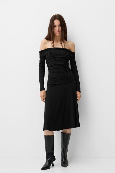 Bershka Gathered long sleeve midi dress