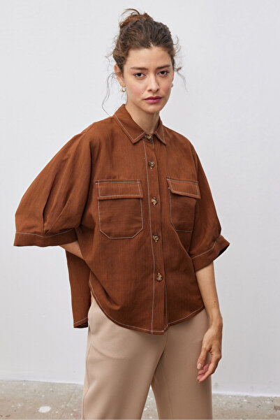 Pilea Olivia Çikolata Keten Gömlek