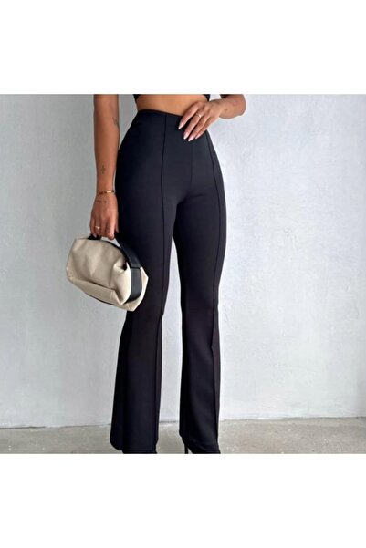 Elif kadın siyah ispanyol paça çimalı dalgıç kumaş yüksek bel toparlayıcı tayt pantolon