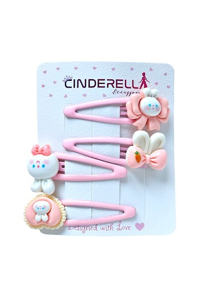 Cinderella Set de 4 catarame model cu fundita cu inima de iepure roz - catara...