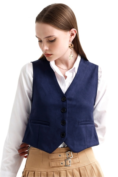MD trend Women's V-Neck Buttoned Classic Suede Vest