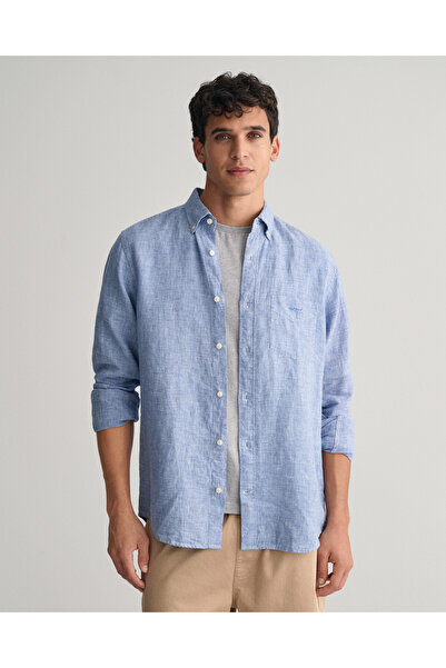 Gant Erkek Mavi Regular Fit Düğmeli Yaka Kareli Keten Gömlek