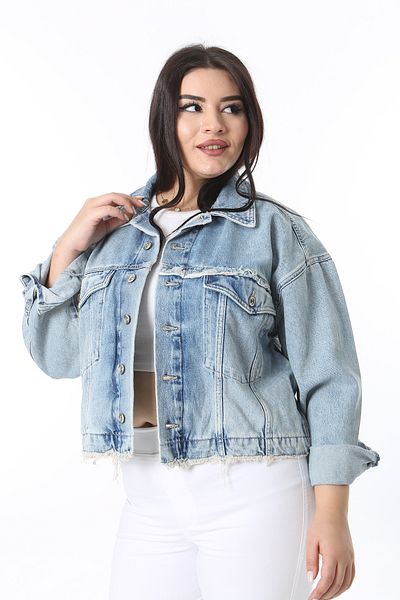 Şans Women's Large Size Blue Washing Effect Jeans Jacket 65N38382