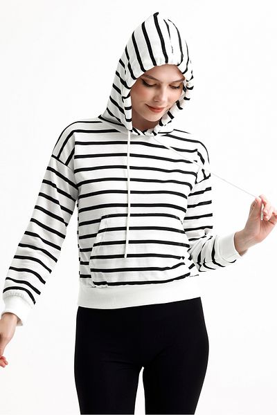 MD trend Women's Striped Hooded Kangaroo Pocket Basic Crop Sweatshirt