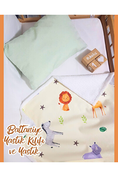 bebek_iklimi طقم بطانية ووسادة للأطفال مكون من 3 قطع - أخضر - نمط السفاري