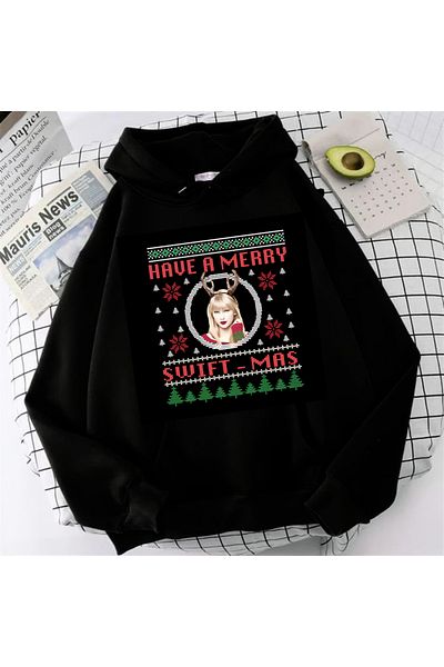 Touz Moda Φούτερ με κουκούλα με κουκούλα με κουκούλα Have a Merry Printed Μαύρο Unisex