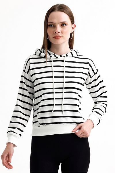 MD trend Women's Striped Hooded Kangaroo Pocket Basic Crop Sweatshirt