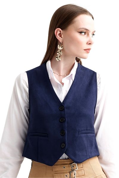 MD trend Women's V-Neck Buttoned Classic Suede Vest