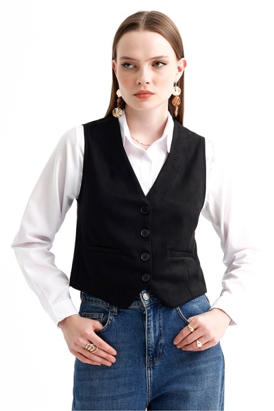 MD trend Women's V-Neck Buttoned Classic Suede Vest