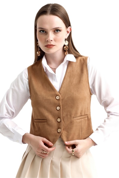 MD trend Women's V-Neck Buttoned Classic Suede Vest