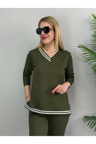 modaserdem Women's Long Sleeve Rib Detail Viscose Two Thread Double Suit