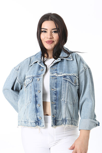 Şans Palton de denim cu efect de spălare albastru de mărime mare pentru femei 65N38382