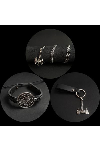 BSN Store Set of 3 Genuine Leather Bracelet, Keychain and Necklace with Scandinavian Ax and Compass Figures