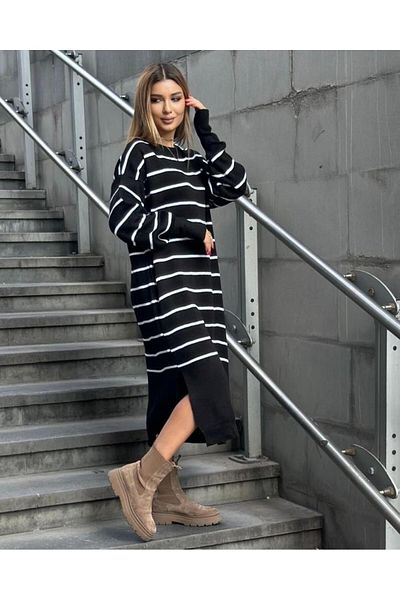 Trandiva Moda Crew Neck Off-Shoulder Sleeve Button up Long Sleeve Side Slit Midi Striped Cream Knitwear Dress