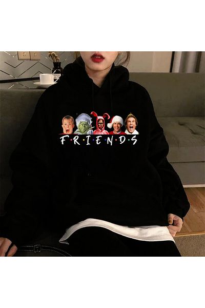 Touz Moda Friends Christmas printed μαύρο φούτερ με κουκούλα Unisex Oversize
