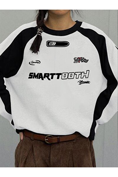 Touz Moda Y2K Streetwear Smarttooth Printed White Unisex Oversize Crew Neck Sweatshirt