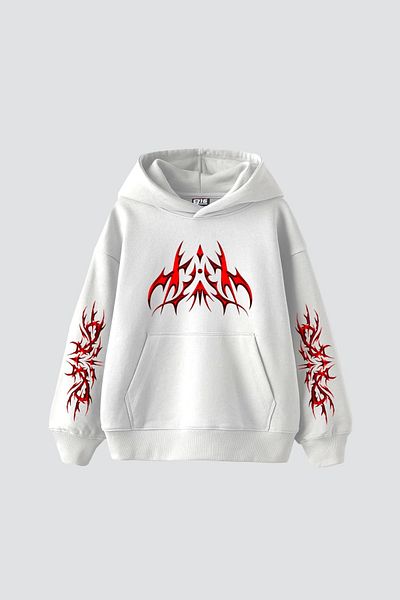 Sekizbiraltı Ολογραφική Κόκκινη στάμπα Oversize Unisex Premium Λευκή κουκούλα