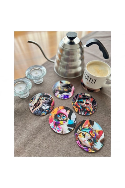 Lazer Store Pleksi Bardak Altlığı - 6 Adet - Kedi Desenli