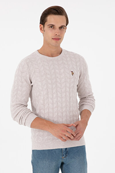 U.S. Polo Assn. سترة رجالية قصة ضيقة بياقة دائرية من Stone Melange Basic 5028...